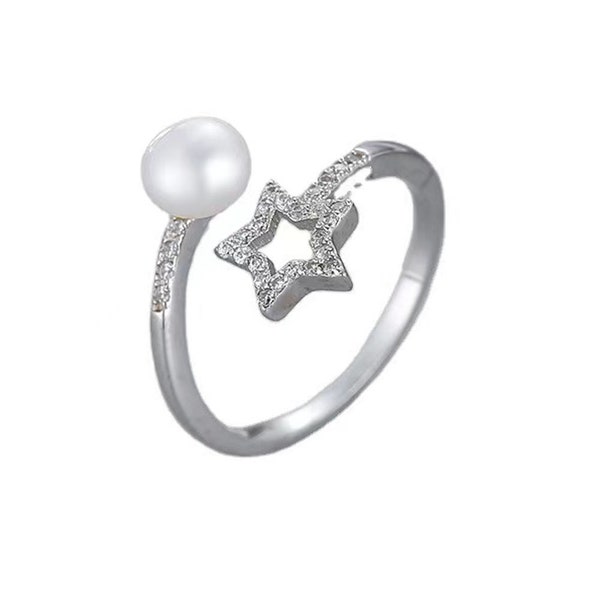 Adjustable 925 Sterling Silver Star ring setting for pearl or gemstone, pearl ring mountings, wholesale DIY ring making finding--RMES002