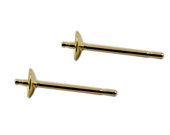 May include: Two gold-toned earring posts with a flat, round base. The posts are designed to hold a pearl or other gemstone.