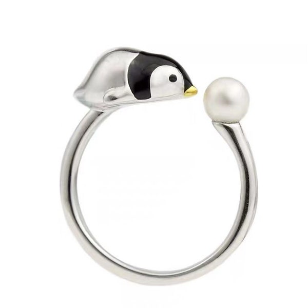 Einstellbarer massiver Sterling Silber mit Rhodium überzogener Ring mit 5-6mm runder Perle, Emaille Pinguin Ring--RMES302