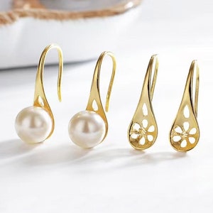 1 pair solid 925 sterling silver hook earring setting for pearl or round beads, earring mounts, earring blank for jewelry making, gift DIY