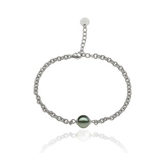 Può includere: Un braccialetto a catena d'argento con un'unica perla verde scuro. Il braccialetto ha una chiusura a moschettone.