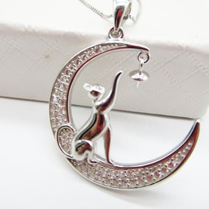 1 pc solid sterling silver pendant setting, moon and cat pendant blank for pearl mount, jewelry DIY,gift DIY