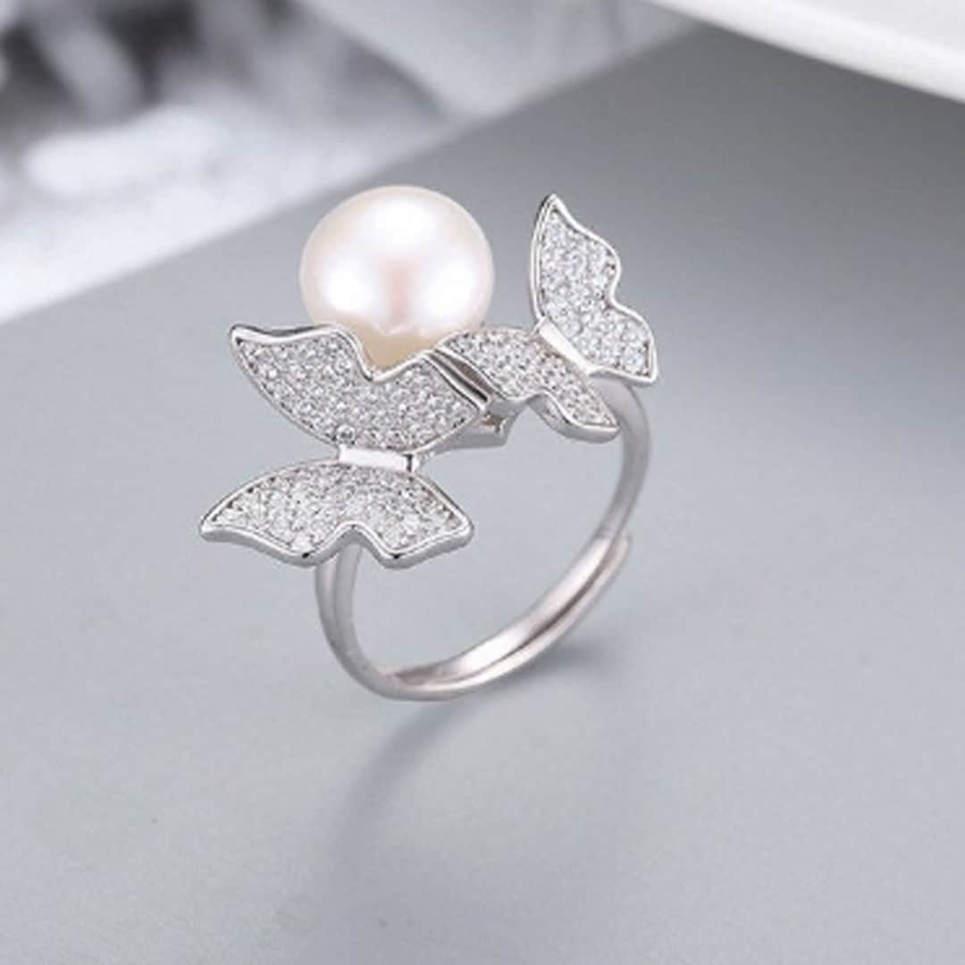 Adjustable Sterling Silver Rhodium Ring Setting For Pearl Or Gemstone - DIY Jewelry Mounting, Size 6-10 - View #3