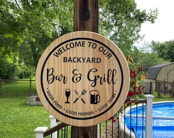 Backyard Bar & Grill Sign: Outdoor Patio Decor, Personalized Wooden Sign