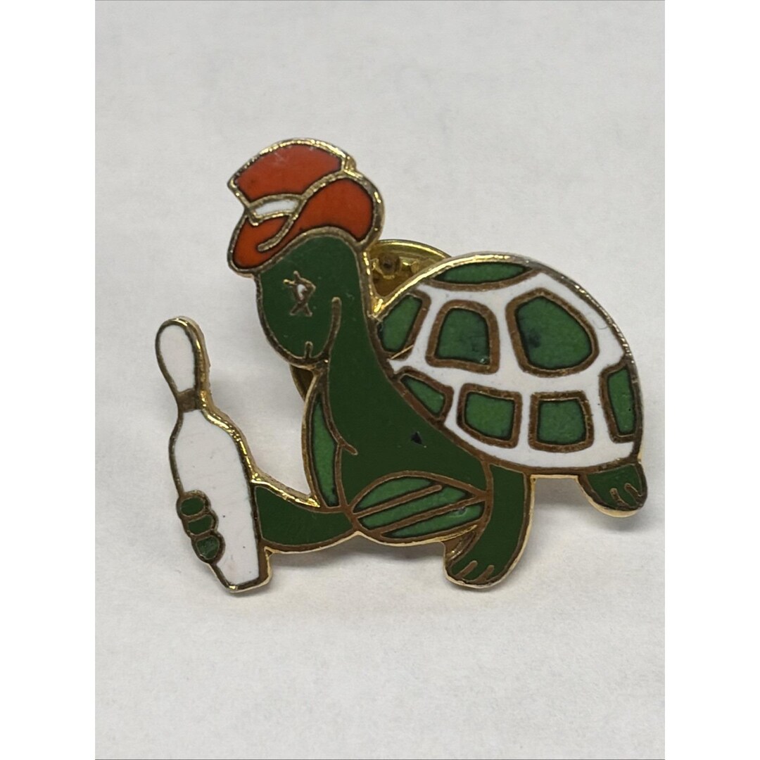 Bowling Turtle Enamel Lapel Pin Vintage Orange Hat Green Gold Tone ...