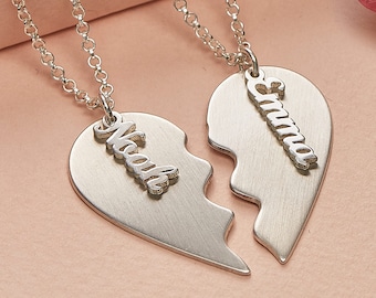 Collar personalizado con doble nombre en forma de corazón para parejas • Plata de ley mate u oro • Joyas personalizadas para parejas • Esposo, esposa/novia