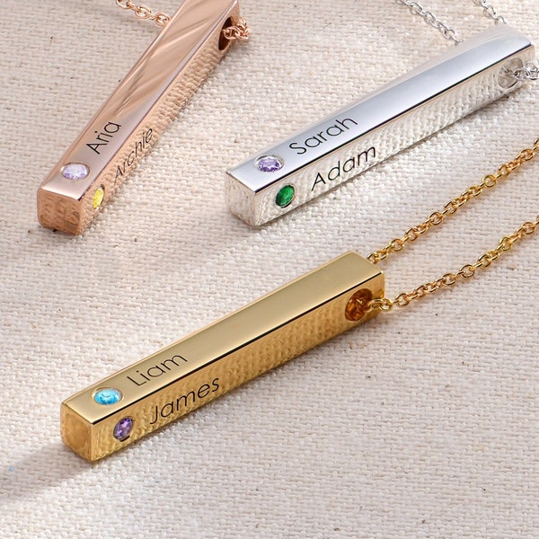 Custom Engraved 3D Vertical Bar Birthstones Necklace • Silver or Gold • Personalized 4 Side Bar Jewelry for Mom • Mother's Day Gift
