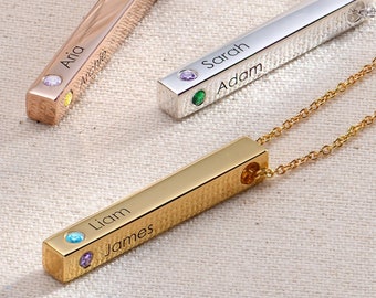 Custom Engraved 3D Vertical Bar Birthstones Necklace • Silver or Gold • Personalized 4 Side Bar Jewelry for Mom • Mother's Day Gift