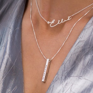 Personalisierte 3D-vertikale Stabhalskette 4 Seiten personalisiert mit Gravur Schmuck Geschenke für ihre Mutter Oma Schwester Muttertagsgeschenk Sterling Silver 925