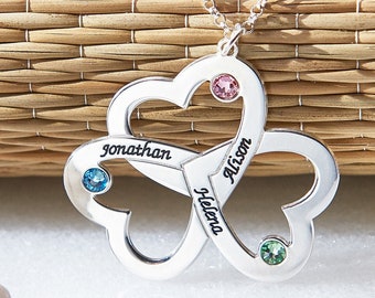 Collar de mujer con triple corazón grabado personalizado y piedras de nacimiento • Joyería personalizada para mamá • Plata 925 • Abuela • Regalo del Día de la Madre