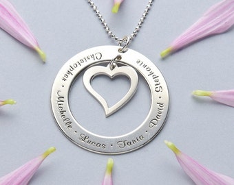 Personalized Custom Engraved Women Family Necklace with Circle and Heart Pendant Silver • Customized Jewelry for Mom • Mother's Day Gift