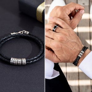 Customized Small Silver Beads on Leather Cord Bracelet • Personalized Engraved  Jewelry Gift for Him Dad Husband