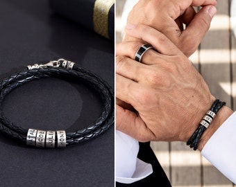 Kundenspezifische kleine Silberperlen auf Lederband Armband • Personalisiertes graviertes Schmuckset für Ihn Dad Ehemann