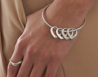Personalized Engraved Heart Charms Bangle Bracelet • Minimalist Dainty Multiple Jewelry for Her Mom Grandma • Christmas Gift