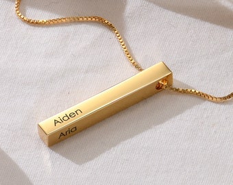 Custom Engraved 3D Vertical Bar Necklace • Gold or Silver