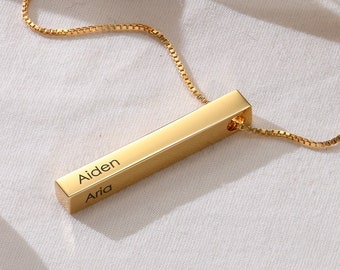 Custom Engraved 3D Vertical Bar Necklace • Gold or Silver • Personalized Bar Pendant Jewelry Gifts for Her • Mother's Day Gift