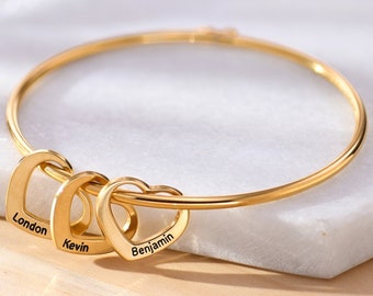 Personalized Gold Bangle Bracelet Heart Shape Pendants Sterling Silver 925 • Custom Engraved Minimalist Jewelry for Her • Mother's Day Gift