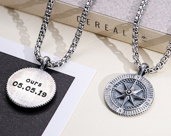 Engraved Silver Compass Pendant Necklace for Men • Personalized