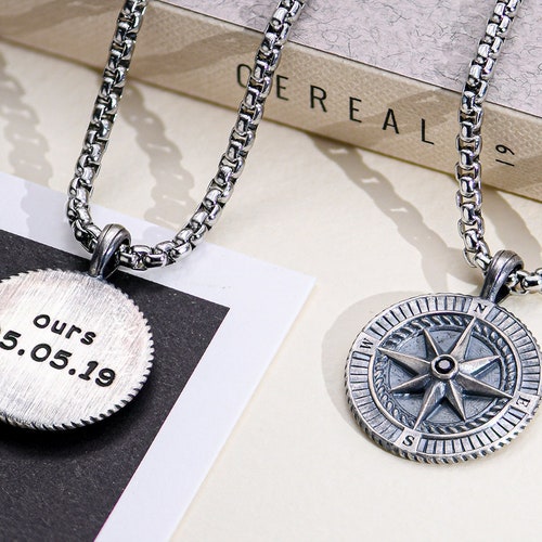 Silver Compass Necklace Men's Jewelry Christmas Gift for Etsy