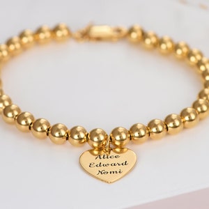 Engraved Heart Charm Beaded Bracelet • Personalized Custom Name Jewelry for Her • Silver 925 Charm • Friend Wife Mom • Christmas Gift