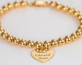 Engraved Heart Charm Beaded Bracelet • Personalized Custom Name Jewelry for Her • Silver 925 Charm • Friend Wife Mom • Christmas Gift