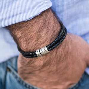 Pulseira de cordão de couro masculina personalizada com contas pequenas • Joias de navegador gravadas • Presente personalizado para ele Homens Namorado Marido Pai