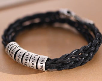 Personalisierte Mann Armband mit kleinen benutzerdefinierten Perlen • Schwarzes Lederband Armband • Benutzerdefinierte Geschenke Männer Vater Dad Freund Sohn