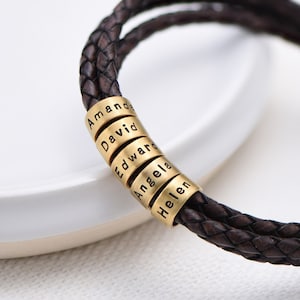 Engraved Small Beads Bracelet with Brown or Black Leather Cord Gold Vermeil Jewelry Father's Day Gift for Him Men Husband Boyfriend image 1