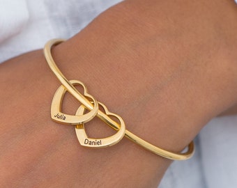 Personalized Bangle Bracelet Engraved Hearts Charms Pendants • Gold Plating Over Sterling Silver 925 • Custom Women Jewelry • Mother's Day