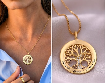 Custom Family Tree Circle Necklace | Personalized Engraved Pendant with CZ Stones | Meaningful Gift for Women | Christmas Jewelry