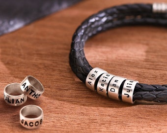 Personalized Black or Brown Leather Bracelet with Small Silver Beads • Engraved Jewelry Gift for Men Him Boyfriend Husband