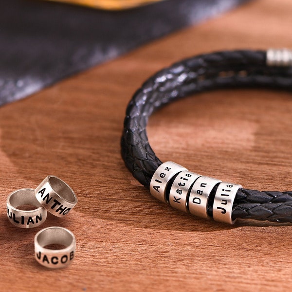 Personalized Black or Brown Leather Bracelet with Small Silver Beads • Engraved Jewelry Gift for Men Him Boyfriend Husband