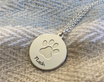 Personalized Name Necklace with Paw Print • Engrave Your Pets Name on Sterling Silver Disc Day for Dog Moms Her Mom • Mother's Day Gift