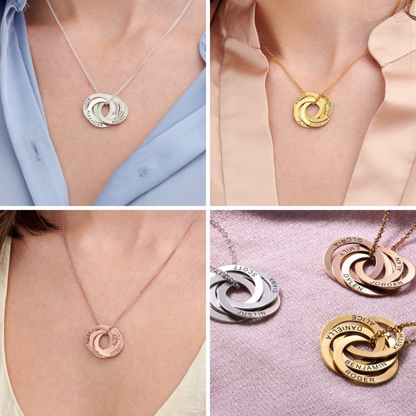 Kundenspezifische Bis zu 5 russische Ring-Anhänger-Halskette • Mehrere Kreisanhänger Gravur • Silberschmuck für Mutter Frau • Muttertagsgeschenk