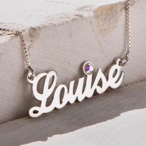 Collar con nombre y piedra de nacimiento hecho a medida • Oro o plata 925 • Colgante con placa de identificación personalizado para su esposa, mamá • Regalo de Navidad