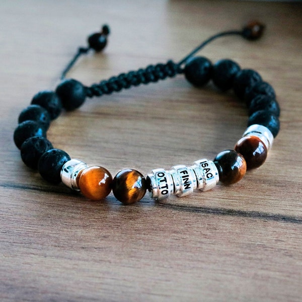 Personalisiertes Herren-Perlenarmband • Tigerauge, Lavastein • Verstellbares Schmuckstück für Männer und Ehemänner • Vatertagsgeschenk für Papa