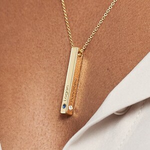 Custom Engraved 3D Vertical Bar Birthstones Necklace Silver or Gold Personalized 4 Side Bar Jewelry for Mom Mother's Day Gift image 2