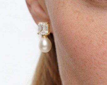 Pearl Stud Earrings with Emerald-Cut Moissanite and Freshwater Pearl Stud Earrings in Silver Gold