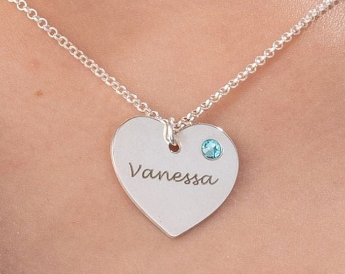 Personalized Custom Engraved Silver Heart Shaped Pendant Necklace • with Birthstone • Name Jewelry s for Her Grandma Wife• Mother's Day Gift