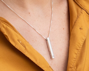 Personalized Engraved Vertical 3D Bar Necklace • Silver Gold with Cubic Zirconia • Custom Jewelry for Mom Her Wife • Christmas Gift