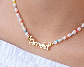 Girls Nameplate Beads Chain Necklace • Personalized Colorful Pearl or Fimo Beads Jewelry for Kids •  Gift for Her Daughter