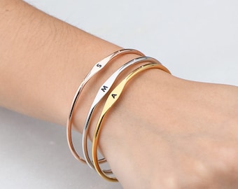 Custom Initial Bangle Bracelet • Personalized Engraved Stackable Dainty Jewelry • Minimalist Gift for Her • Mother's Day Gift