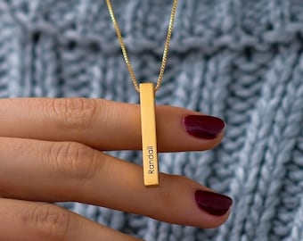 Custom Made Engraved 3D Vertical Bar Necklace with Diamond • 18K Gold Plating • Personalized Jewelry for Mom Grandma • Christmas Gift