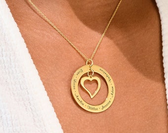 Custom Engraved Family Name Necklace with Circle Heart Pendant • Personalized Family Jewelry for Her, Mom, Grandma • Mother's Day Gift