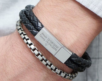 Personalized Engraved Men&#39;s Bracelet • Stainless Steel and Black Leather • Customized Gift for Boyfriend Husband • Father&#39;s Day Gift for Dad