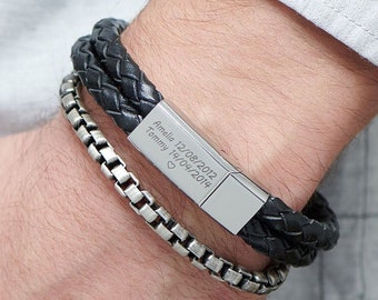 Personalisiertes Herrenarmband mit Gravur • Edelstahl und schwarzes Leder • Maßgeschneidertes Schmuck Geschenk für Freund Ehemann • Geschenk zum Vatertag