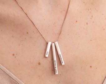 Custom Made Engraved Rose Gold Triple 3D Vertical Bar Name Necklace • Personalized Family Names Pendant  Jewelry Gifts for Her