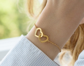 Personalized Engraved Interlocking Adjustable Two Hearts Bracelet • Sterling Silver Custom Stacking Jewelry for Her, Mom • Christmas Gift