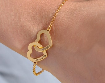Custom Engraved Interlocking Adjustable Two Hearts Women&#39;s Bracelet • Personalized Jewelry for wife Girlfriend • Christmas Gift