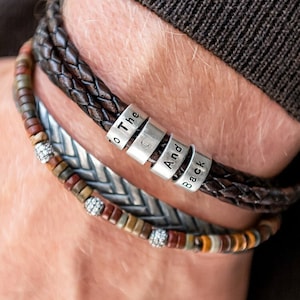 Pulsera de cuero personalizada para hombre con cuentas personalizadas • Regalo grabado para papá Hombre Novio Esposo • Joyería para el Día del Padre